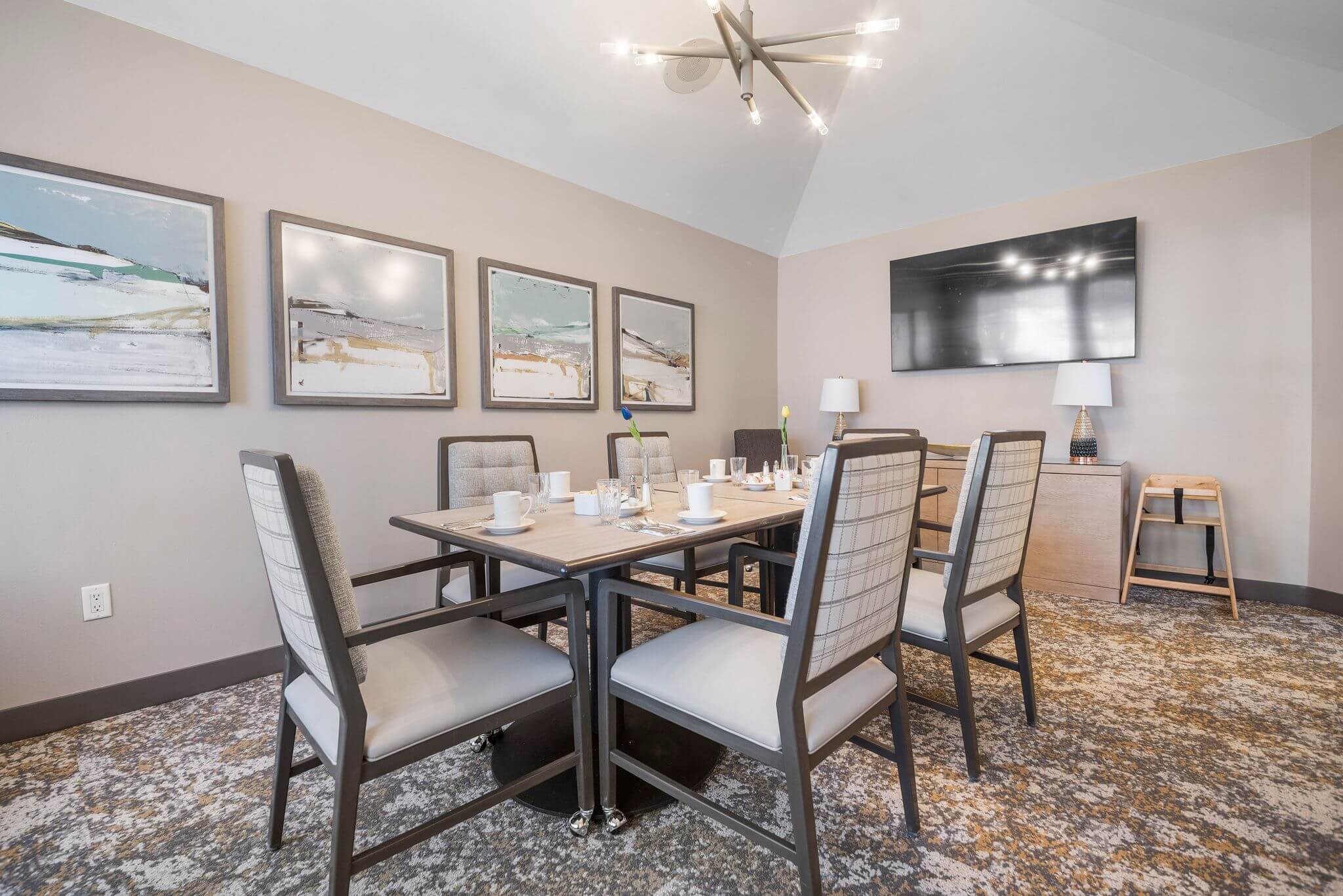 Dining room set for a meal with decor