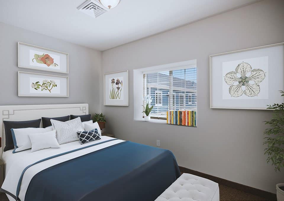 Well-decorated private resident room with large window