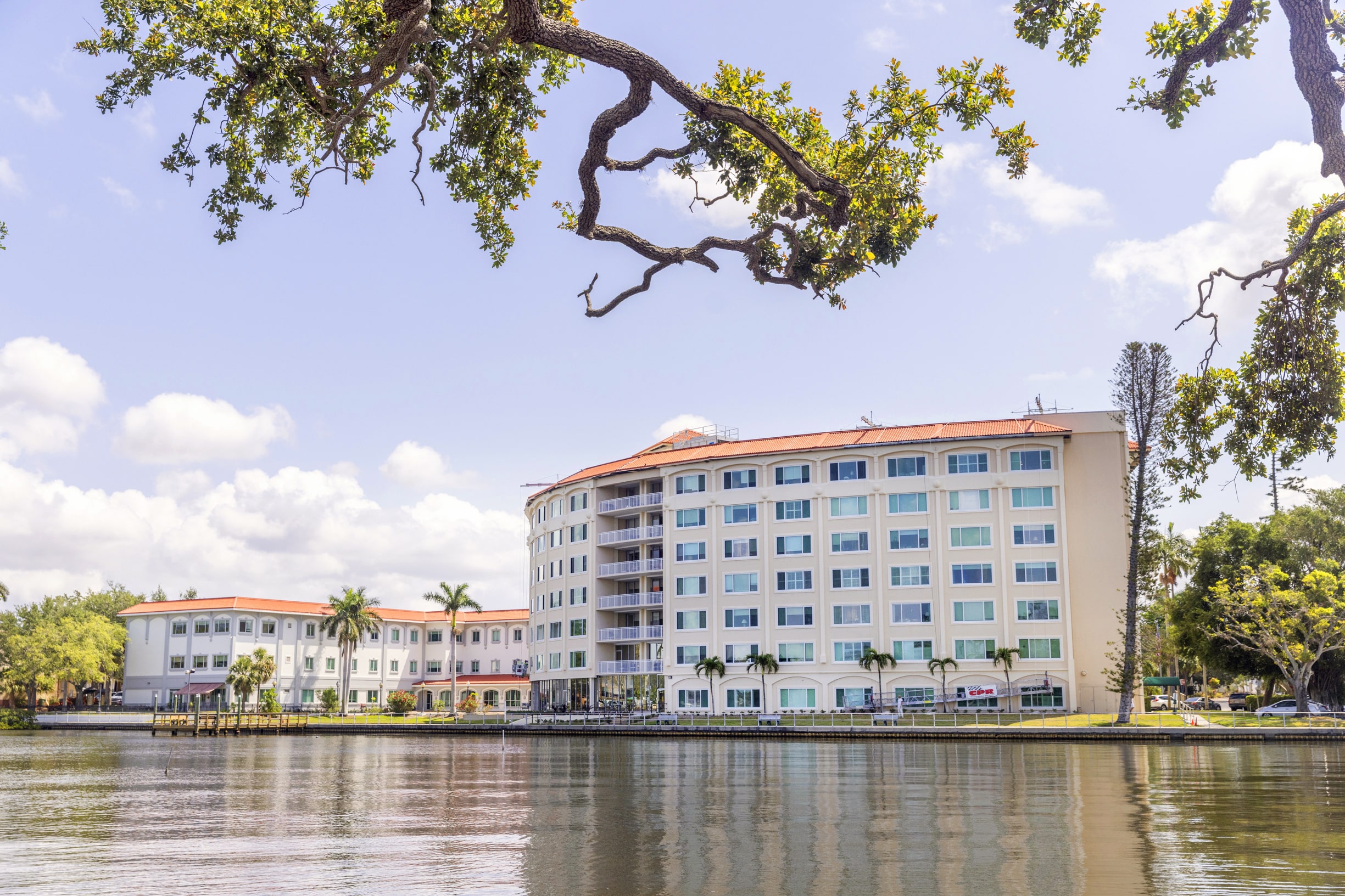 Exterior view of Westminster Towers building by the water