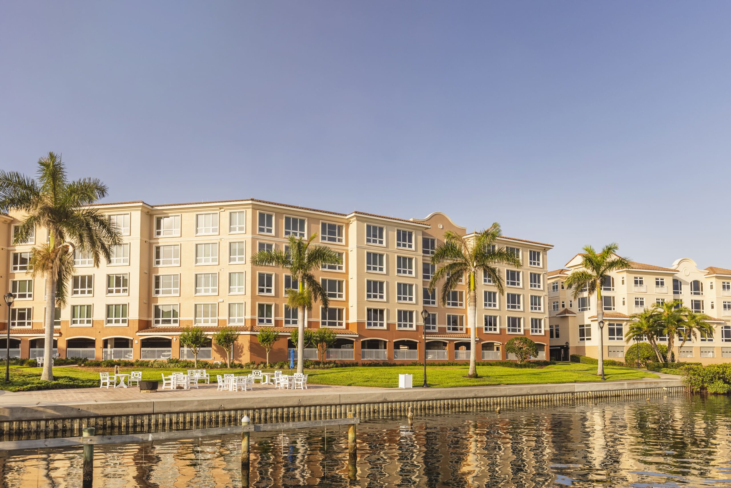Exterior view of Westminster Towers facility by the water