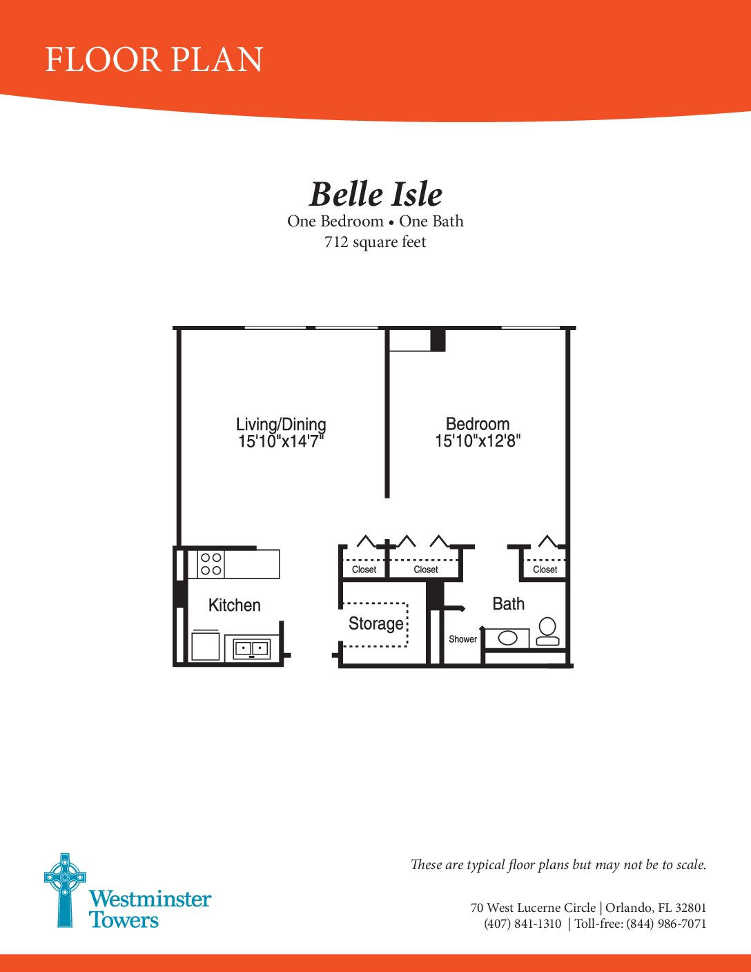 Floor plan of a one-bedroom apartment at Westminster Towers