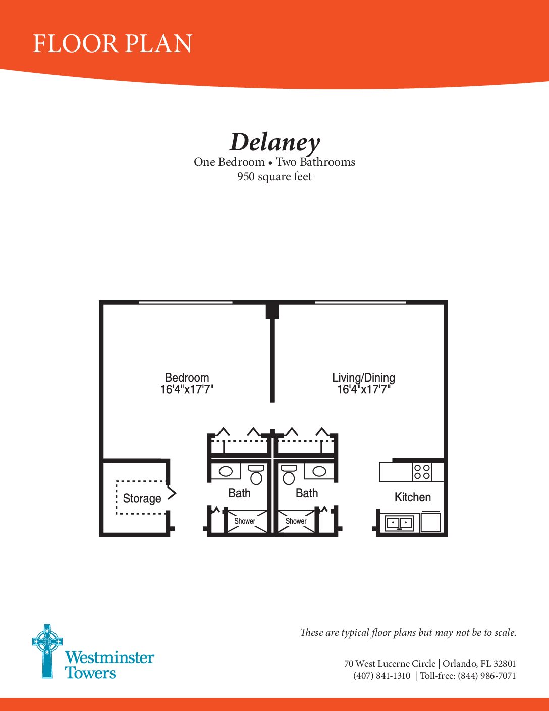 Floor plan of a one-bedroom, two-bathroom unit
