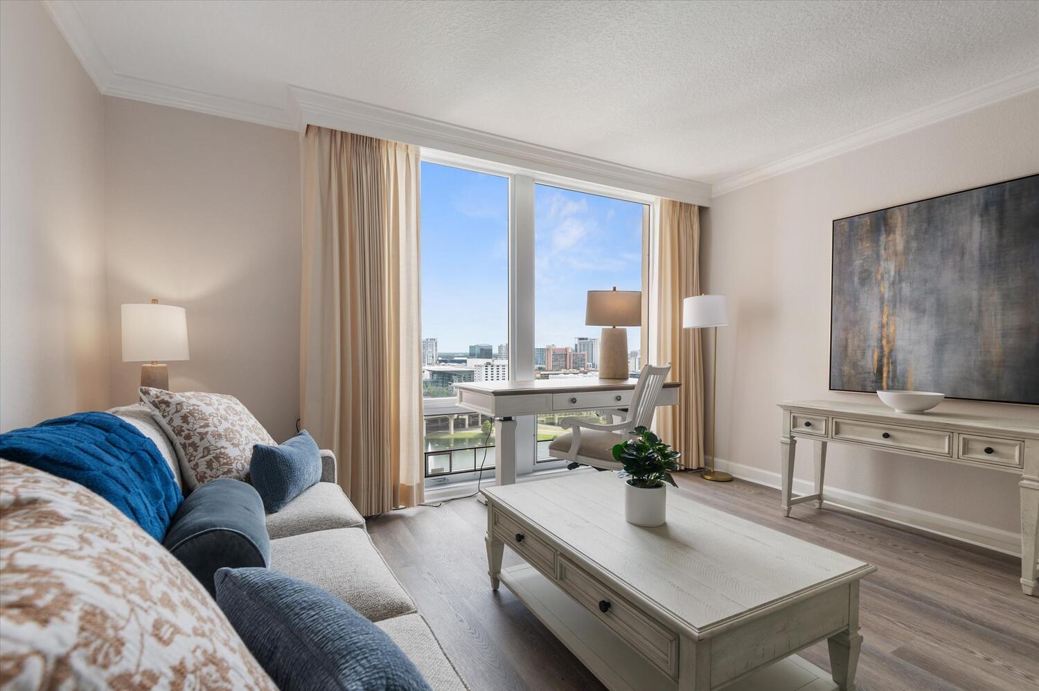 Comfortable interior living space with city view
