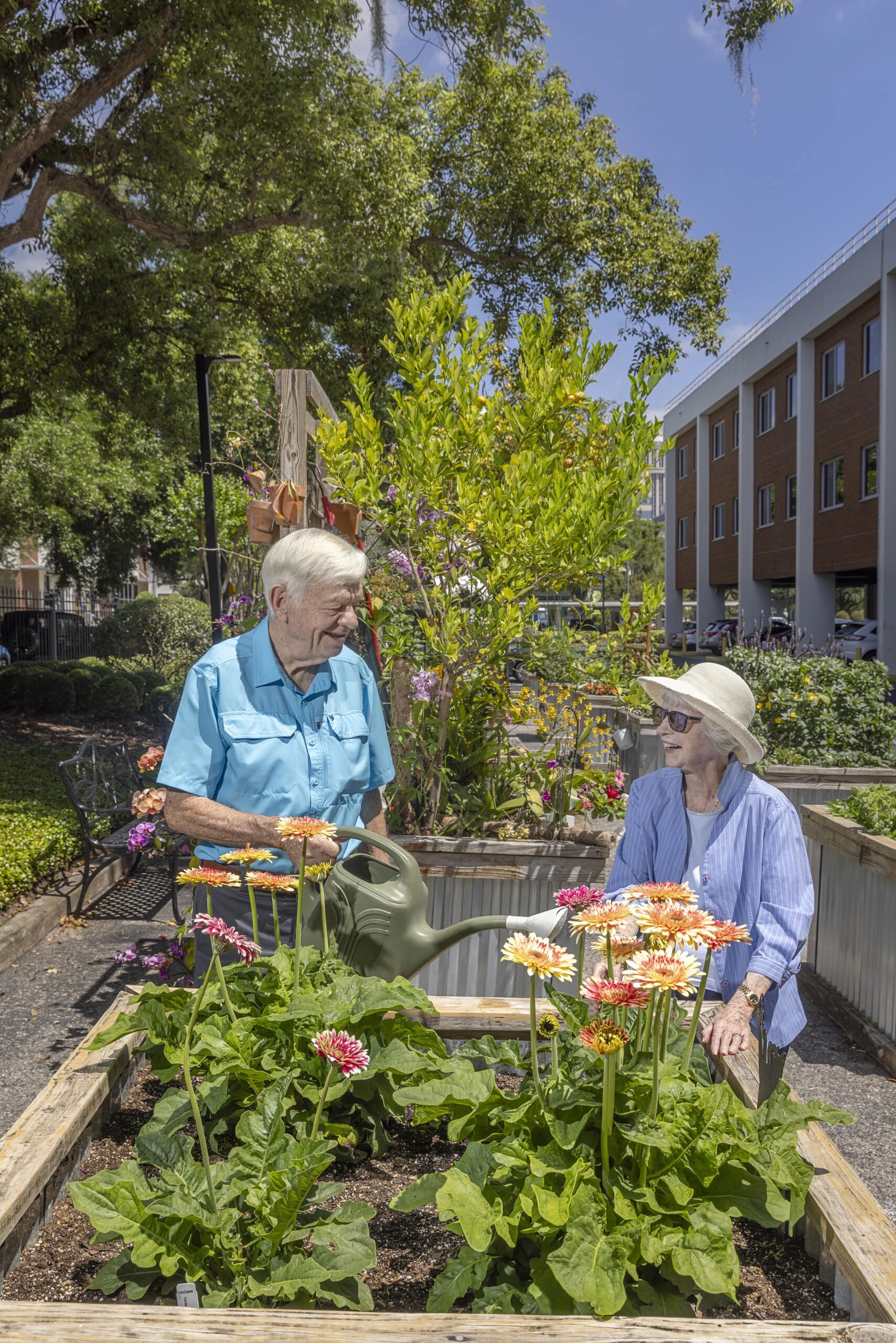 Residents tending to flowers in a garden area