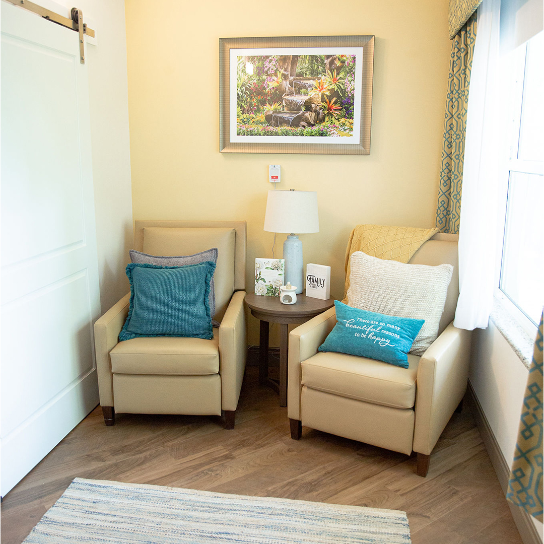 Comfortable seating area in a resident's room