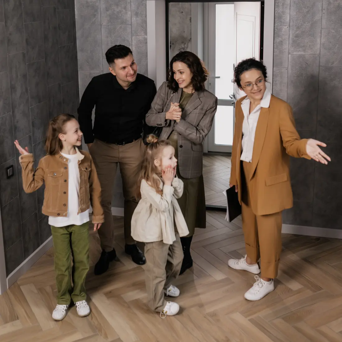 Family visiting in a modern interior space