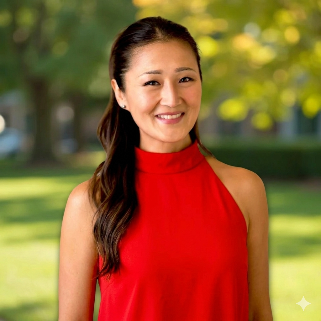 A smiling woman in a red top outdoors