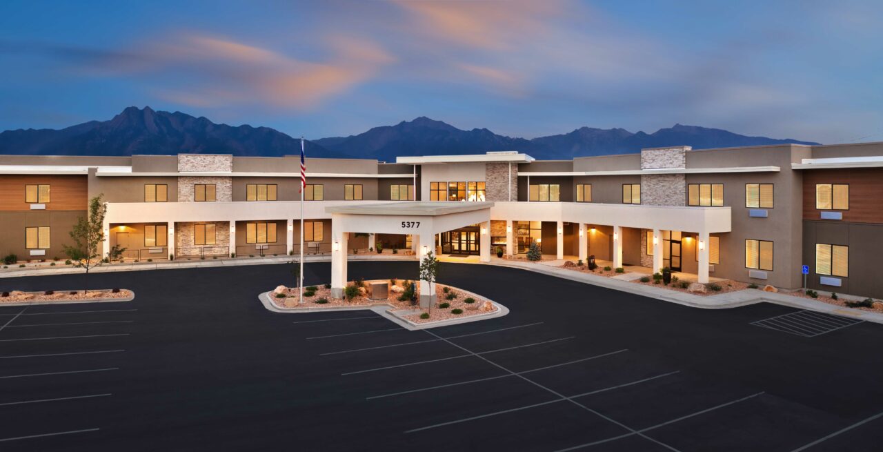 Exterior view of a modern assisted living facility