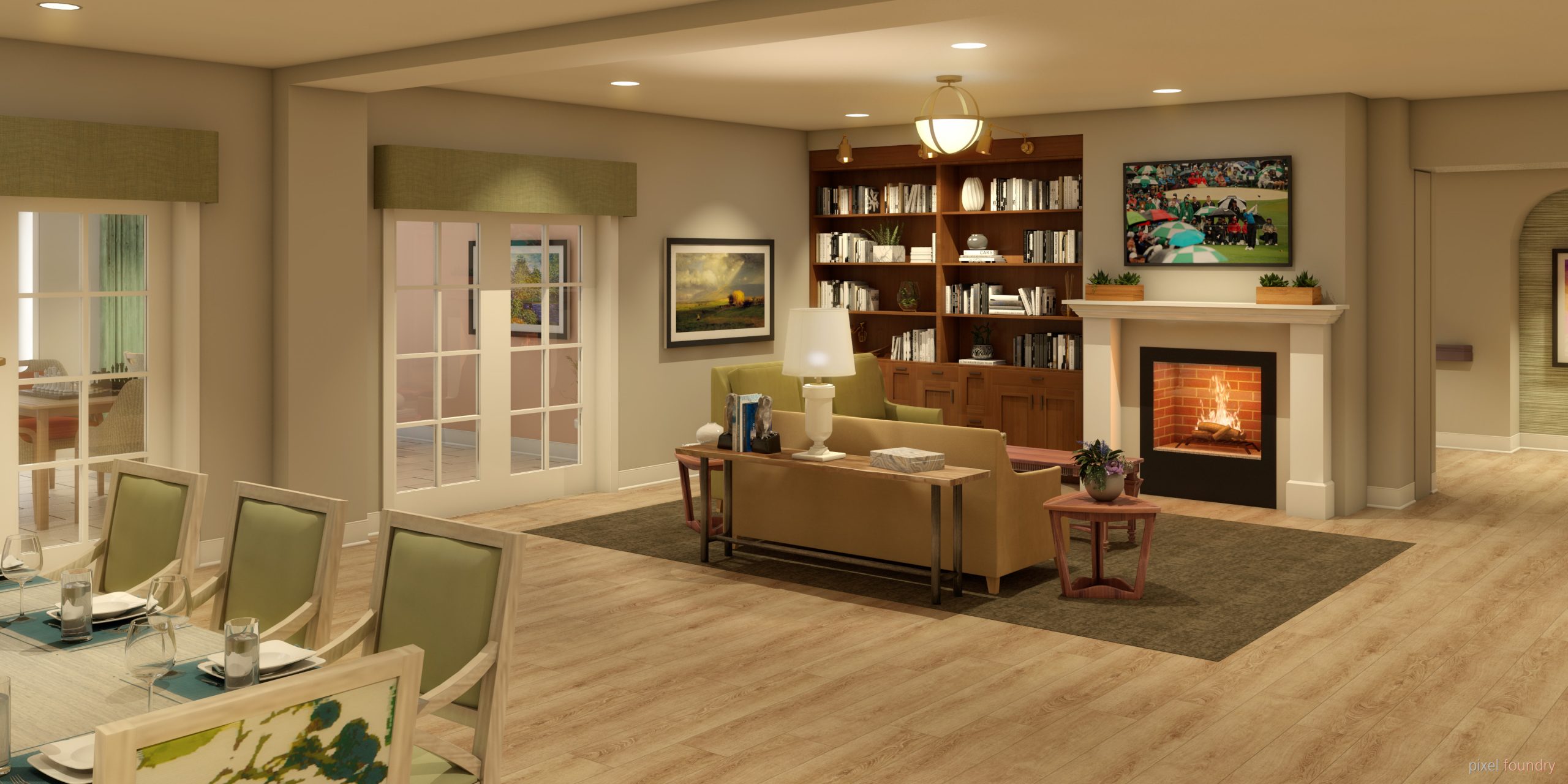 Cozy common area with seating and artwork