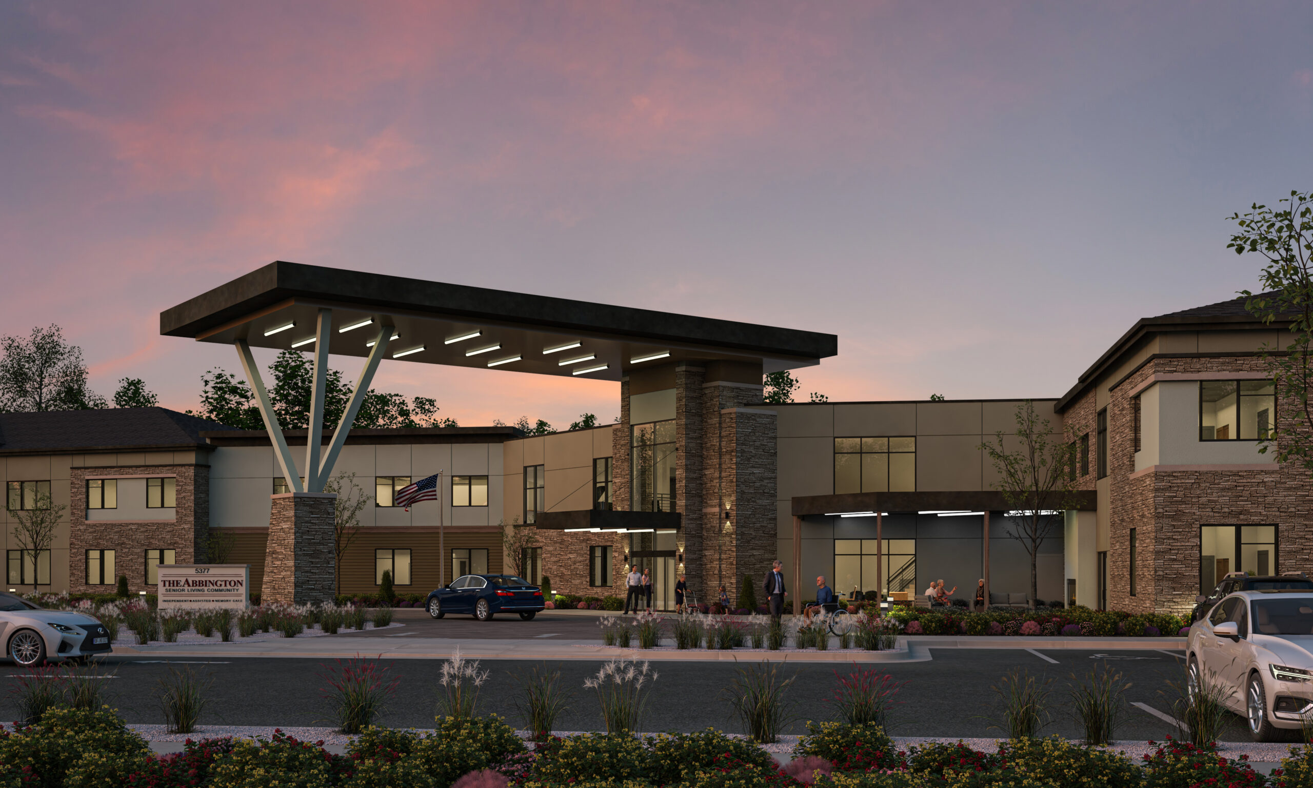 Exterior view of Abbington Senior Living of Murray at sunset