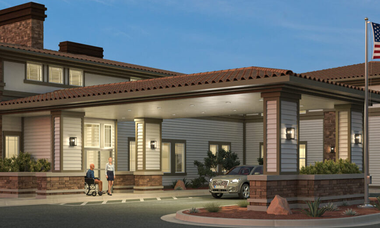 Exterior view of Abbington Senior Living with residents and staff