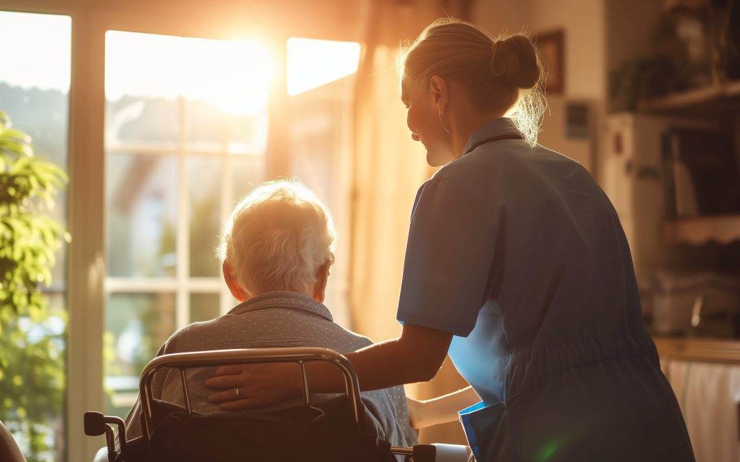 Staff member assisting a resident in a sunny room
