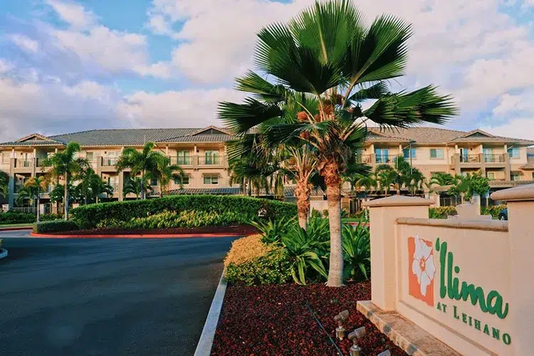 Exterior view of Kisco Ilima at Leihano with palm trees