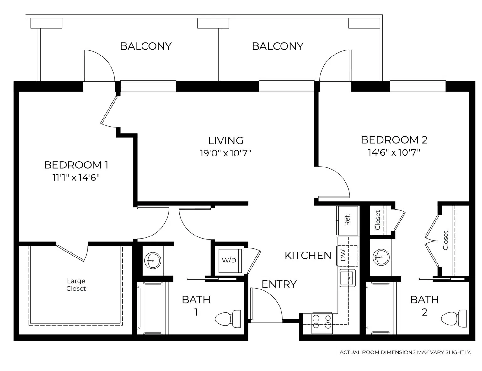 Architectural floor plan of a two-bedroom unit