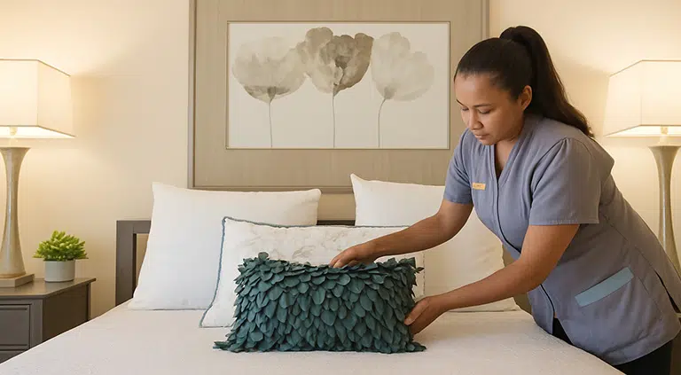 Staff member arranging a decorative pillow in a resident's room
