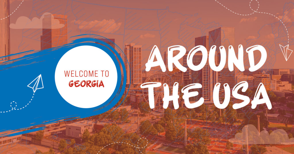 Graphic welcoming to Georgia with city skyline