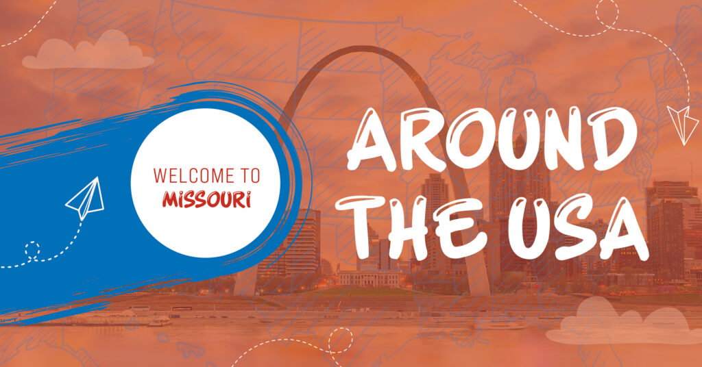 Artistic map graphic of Missouri with text