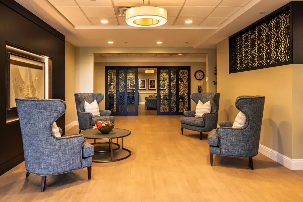 Interior view of a cozy common area with seating