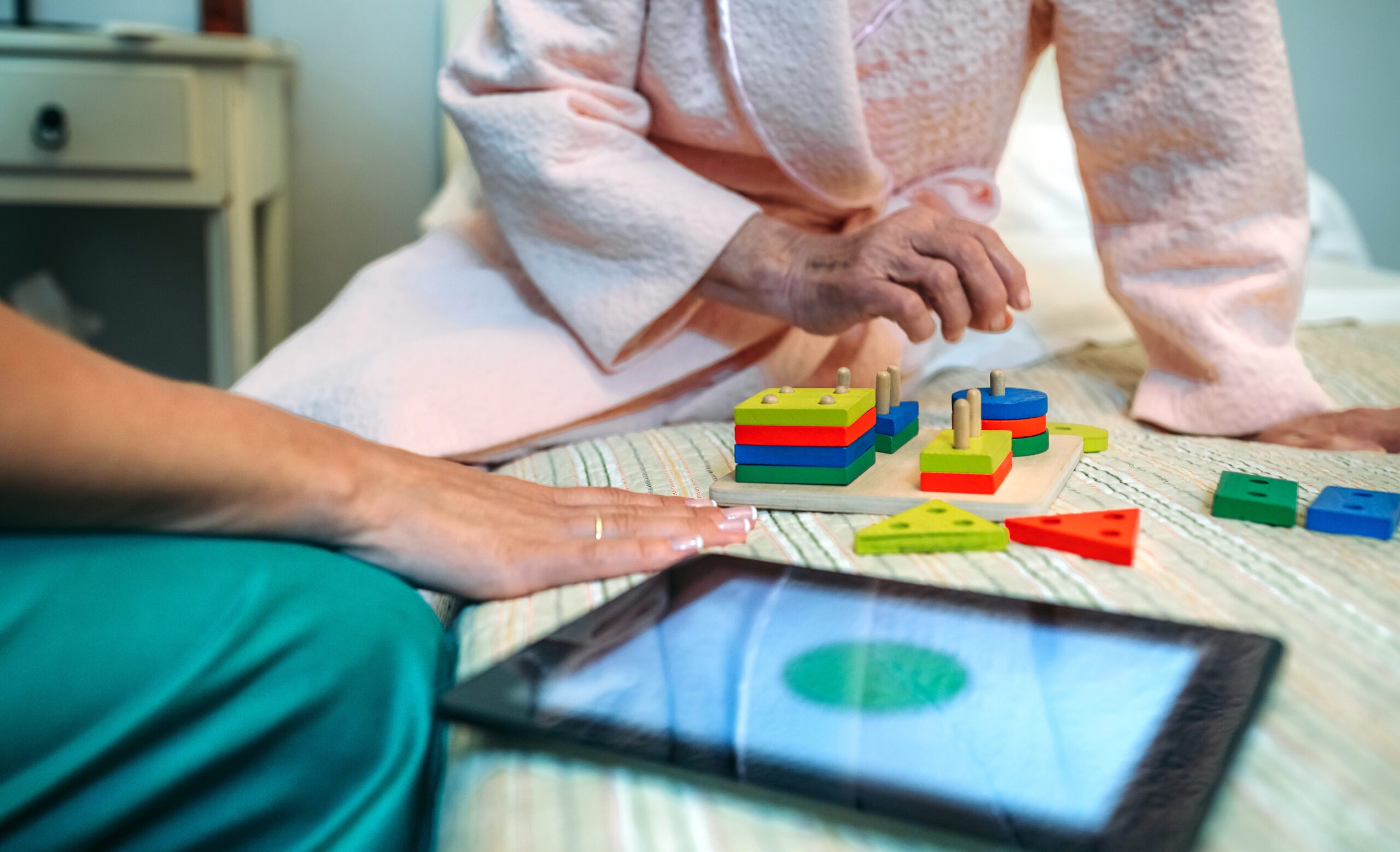 Elderly resident engaging in a puzzle activity