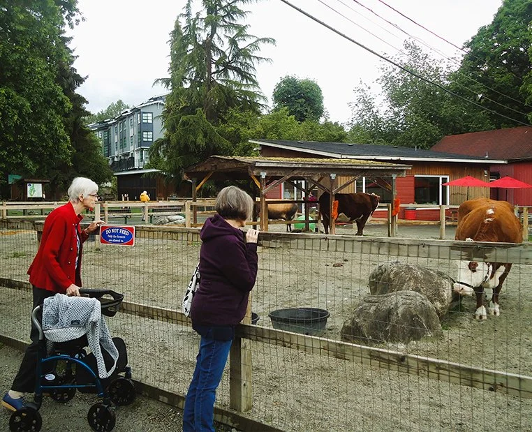 Residents engaging with farm animals outside.