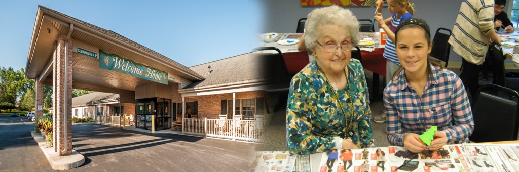 Exterior view of Evergreen Estates with residents engaged in activity.