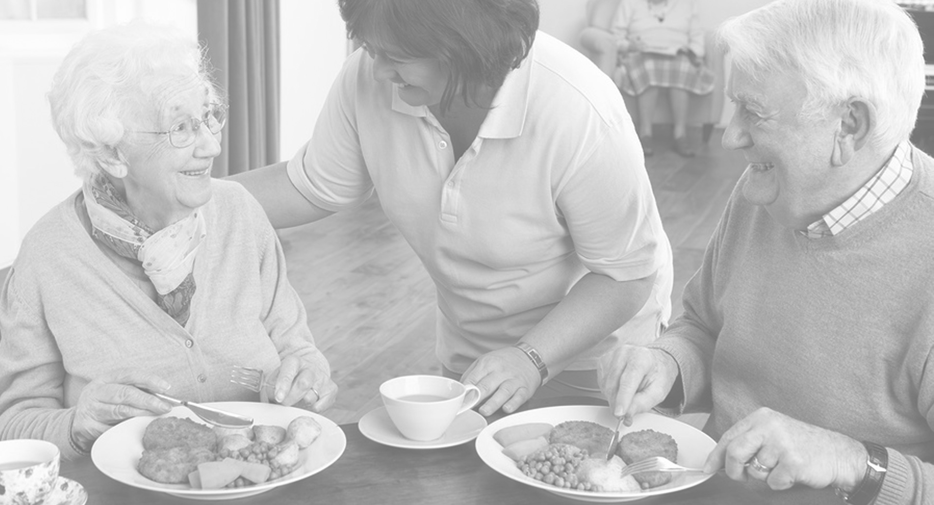 Senior residents enjoying a meal with staff assistance.