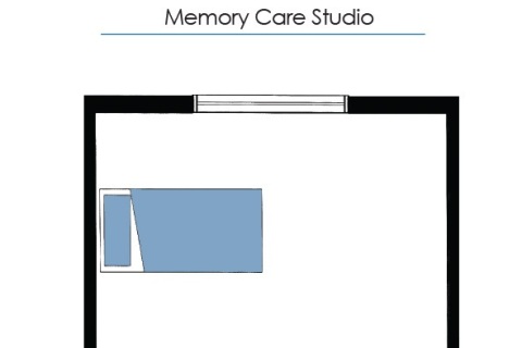 Architectural floor plan of a memory care studio