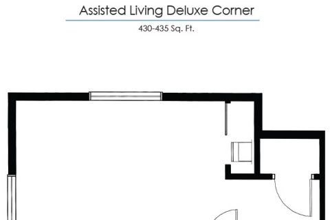 Architectural floor plan of a deluxe assisted living corner unit