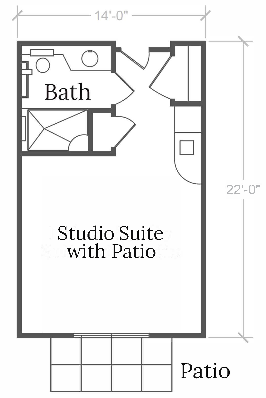 Architectural floor plan of a studio suite with patio