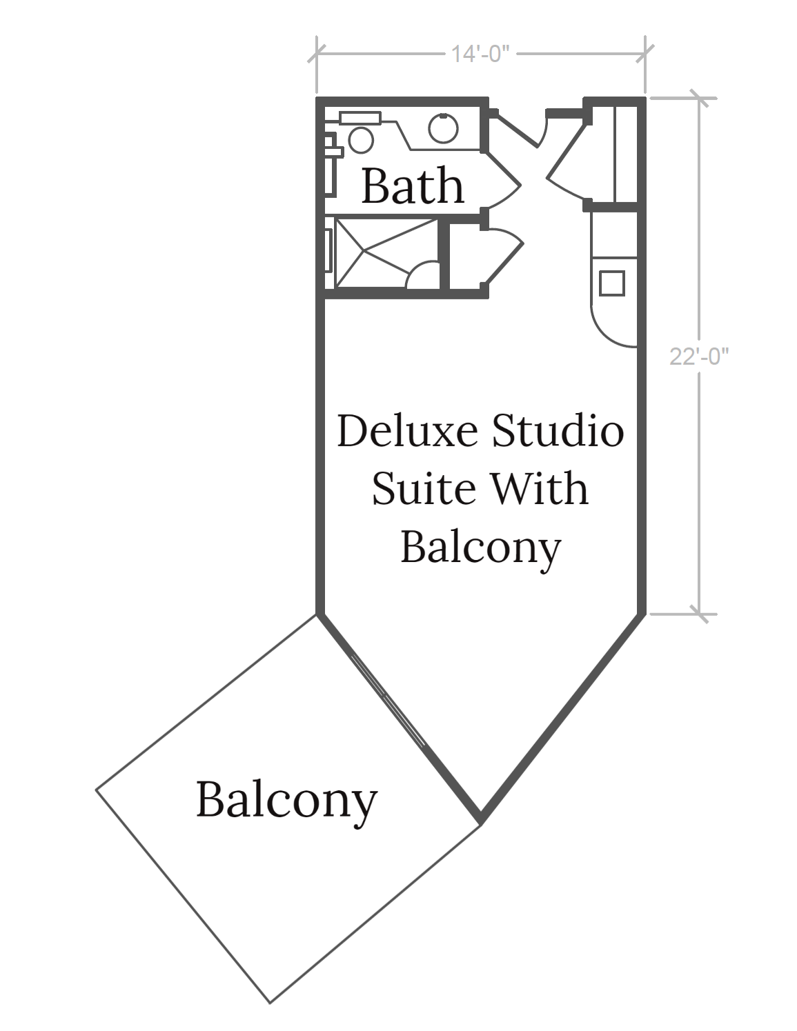 Architectural floor plan of a deluxe studio suite