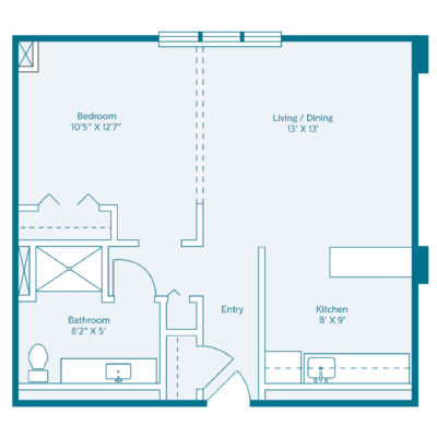 Architectural floor plan of a one-bedroom apartment