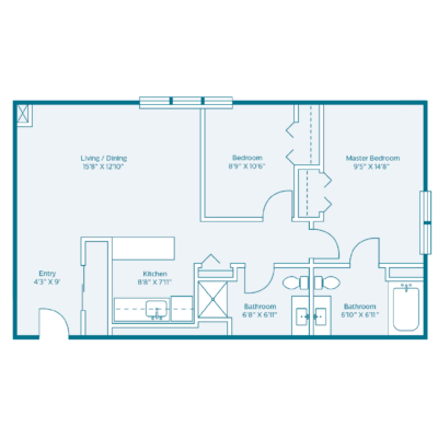 Architectural floor plan layout of a two-bedroom unit