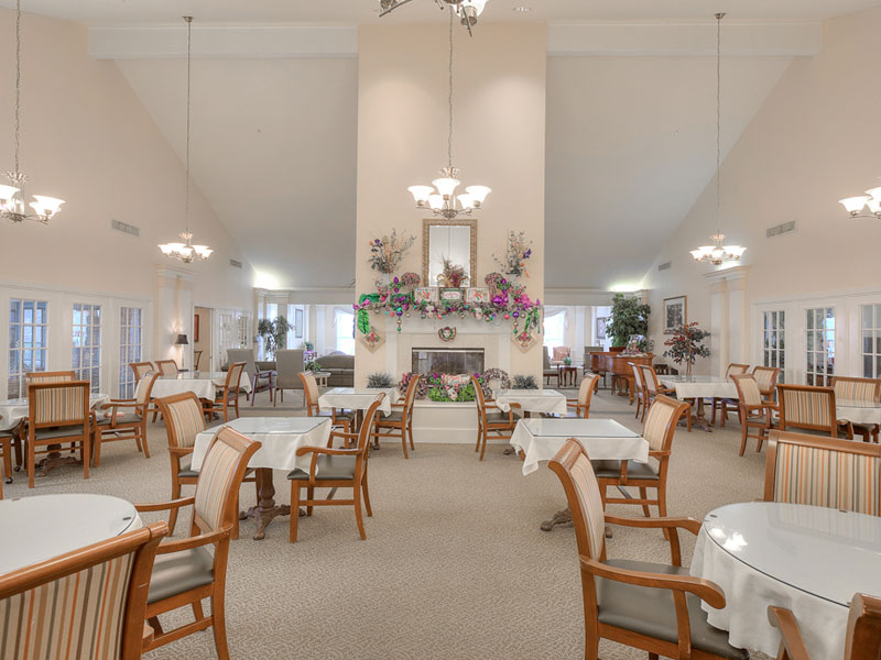 Bright dining area in a senior living facility