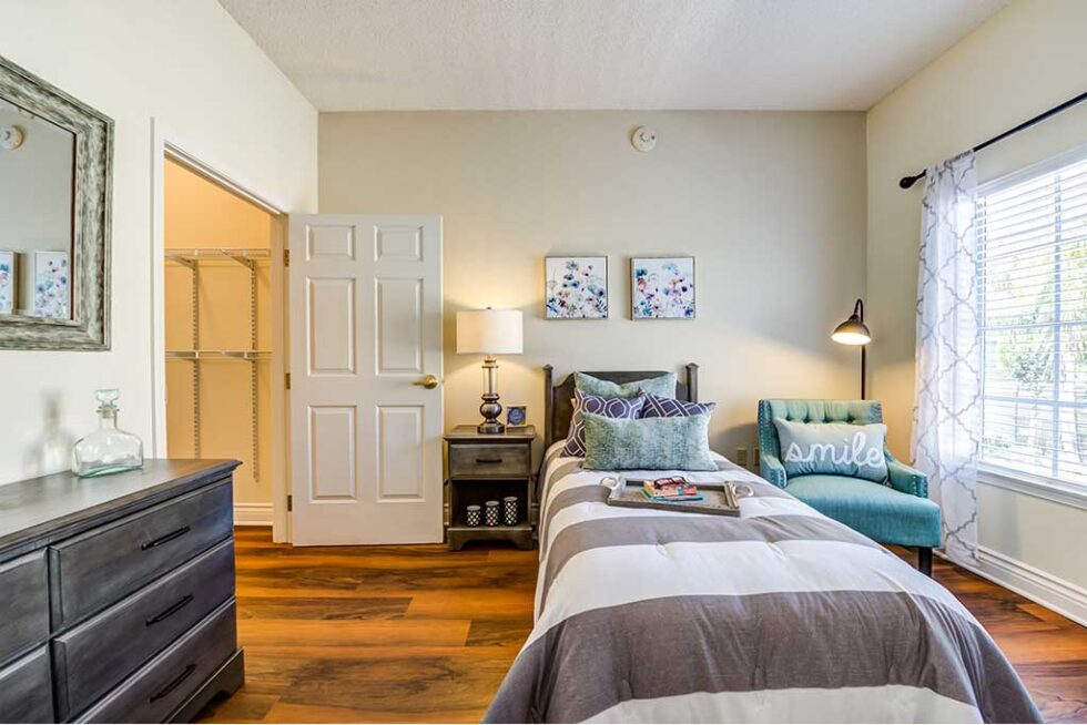Cozy resident room with bed and decor