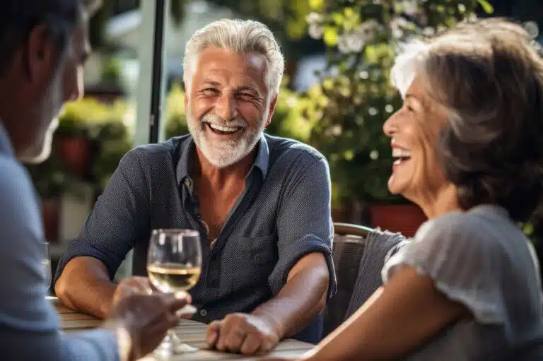 Three seniors enjoying drinks and conversation outdoors