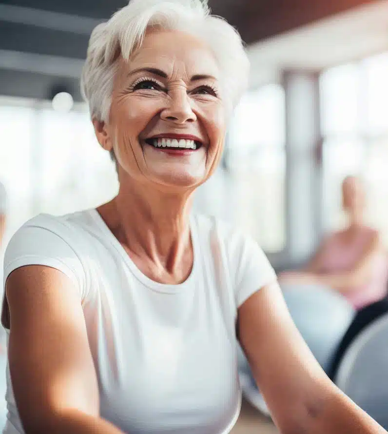 Smiling senior woman in fitness class