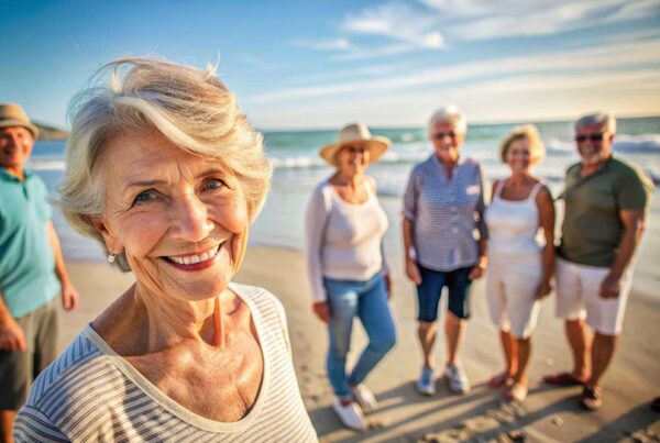 Seniors enjoying a day at the beach with smiles