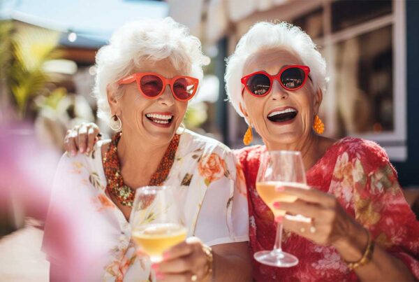 Two smiling women enjoying drinks in a sunny setting