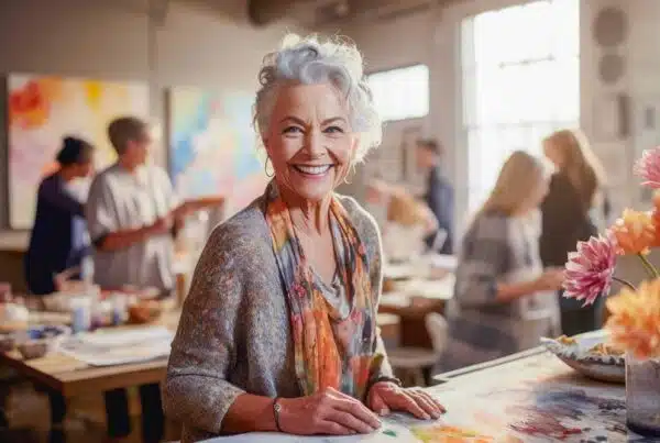 Residents engaged in a painting class in a bright studio