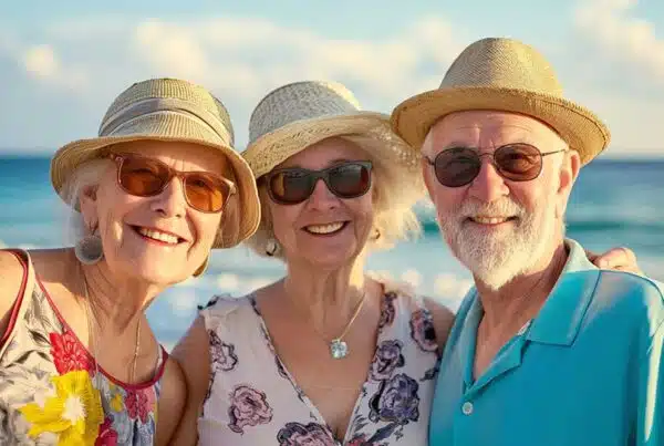 Three smiling seniors enjoying a beach day