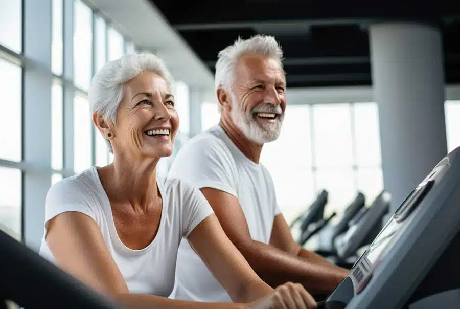 Seniors enjoying exercise equipment in a gym