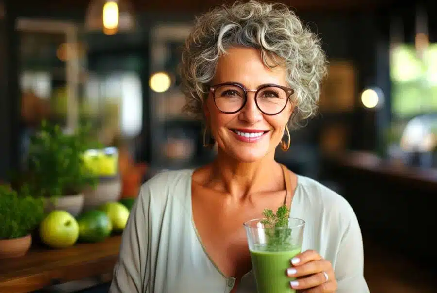A smiling woman holding a green smoothie in a cozy setting