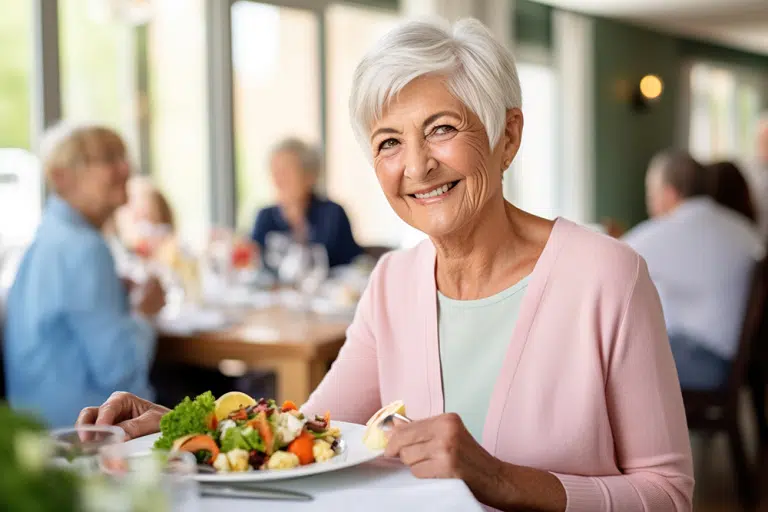 Happy resident enjoying a meal in the dining room