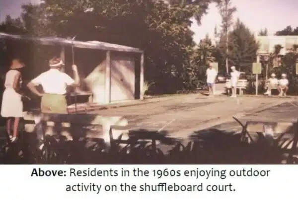 Residents playing shuffleboard outdoors in the 1960s