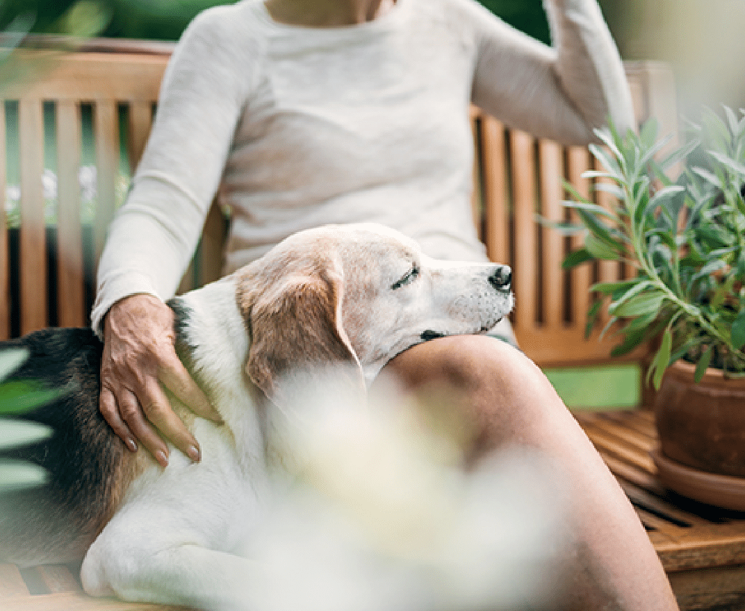 Woman relaxing with a dog in a garden setting