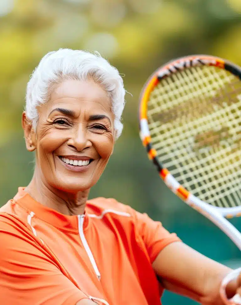 Senior woman smiling and holding a tennis racket outdoors