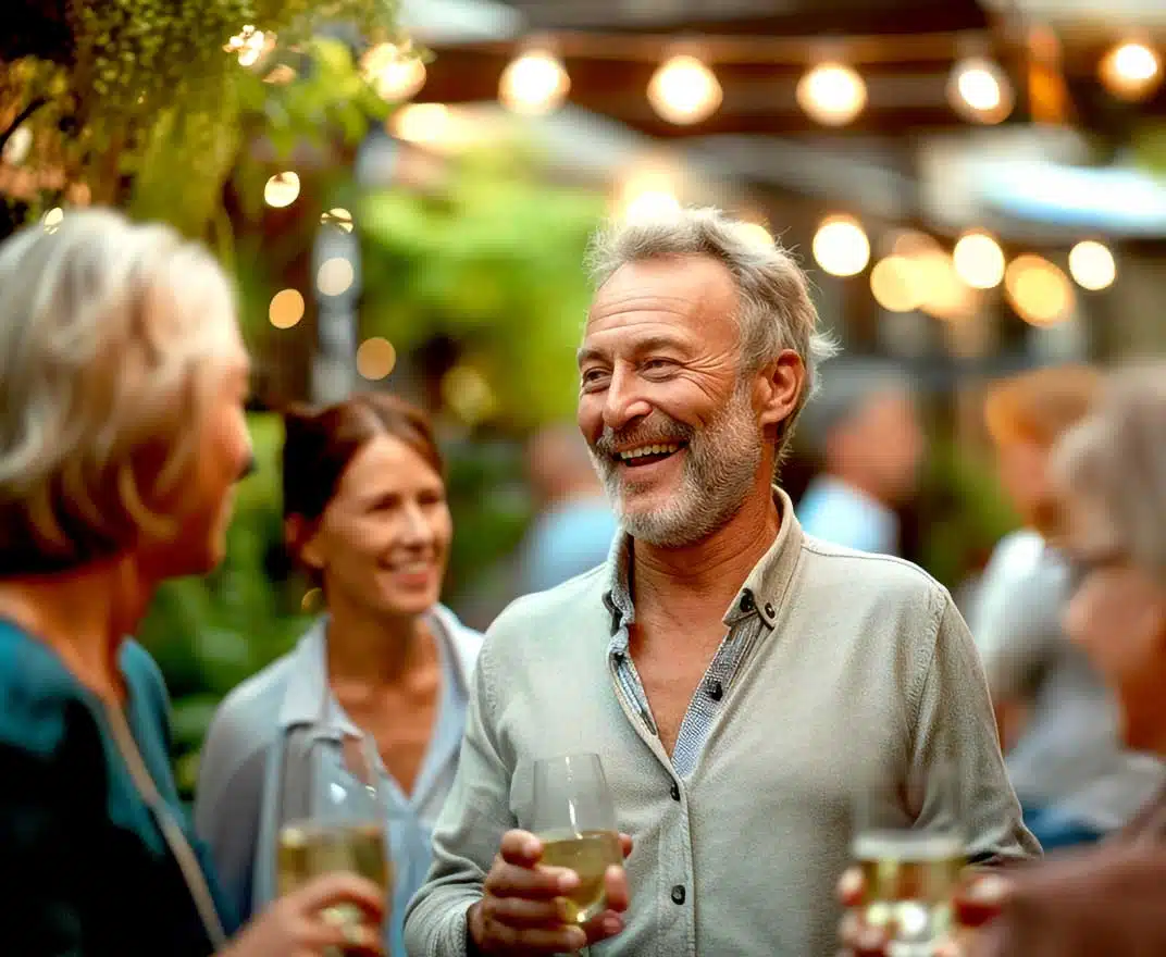 Residents enjoying drinks in a garden setting