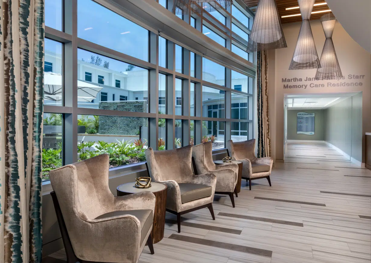 Bright interior lobby with seating and large windows