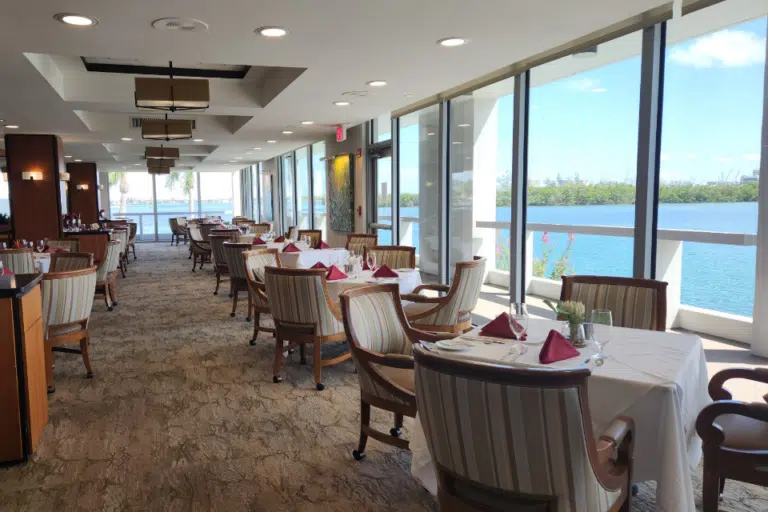 Dining area with tables and view of Sarasota Bay