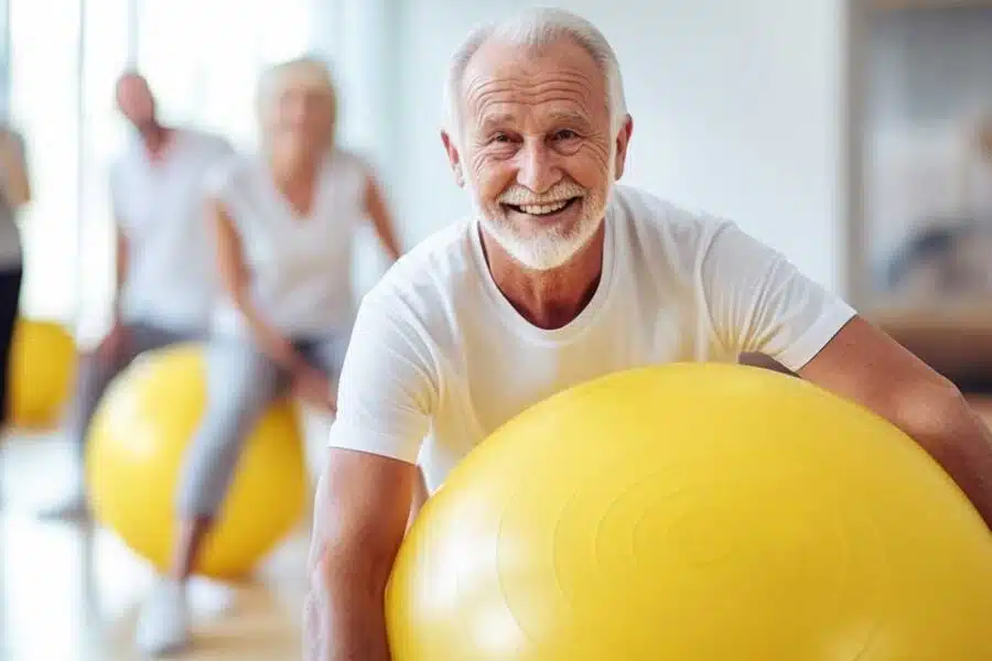 Active senior participating in a fitness class with exercise balls